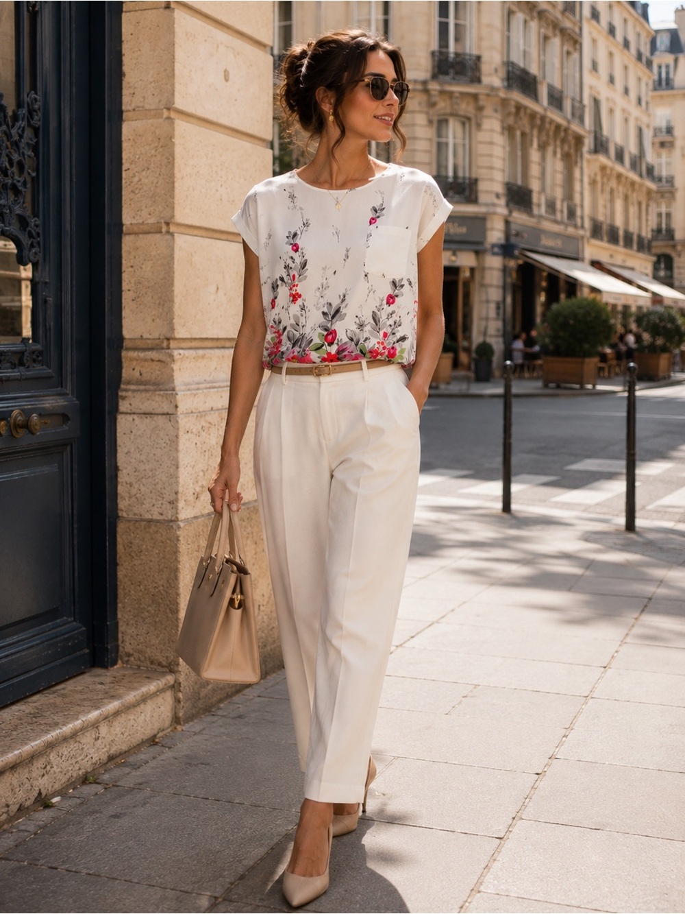 Lily White Floral Blouse – Cap Sleeve Keyhole Top – Size L
